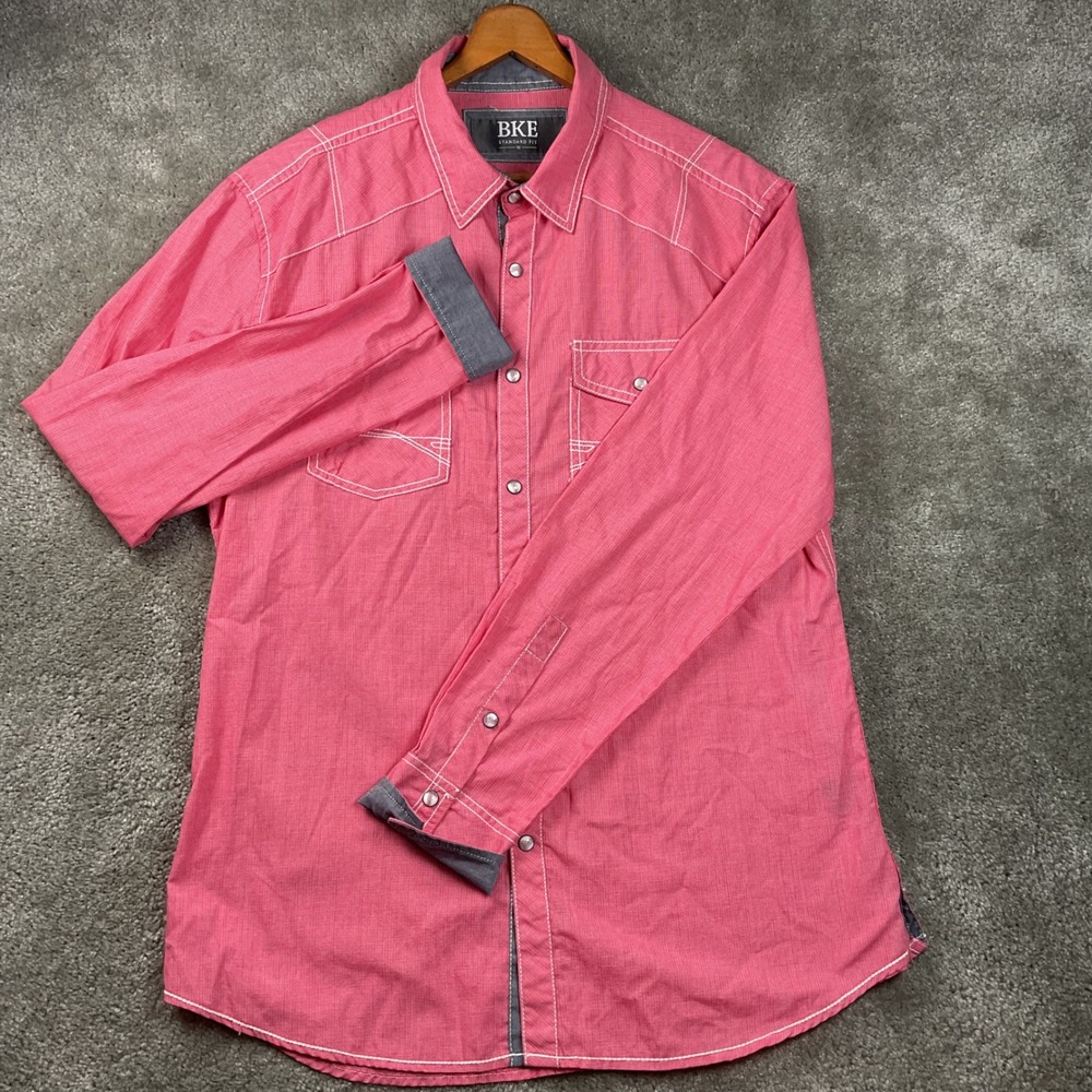 BKE Western Button Down Shirt‎ Mens Medium Pink Pearl Snap Contrast Stitch